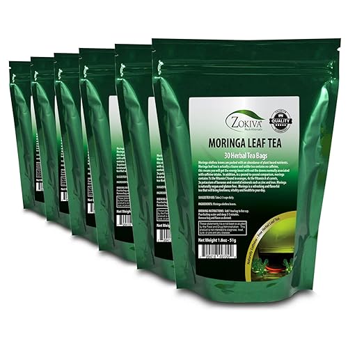 Zokiva Nutritionals - Moringa Tea Organic 6-Pack 180 Tea Bags - A Natural Caffeine - Free Source for Vitamins & Minerals - In Zip Pouch