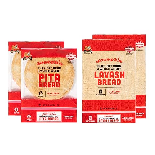 Joseph's 4-Pack Value Variety Bundle, Flax Oat Bran Whole Wheat 2 x Lavash Bread, Fresh Baked (8 Lavash Squares Total) and 2 x Pita Bread (12 Pita
