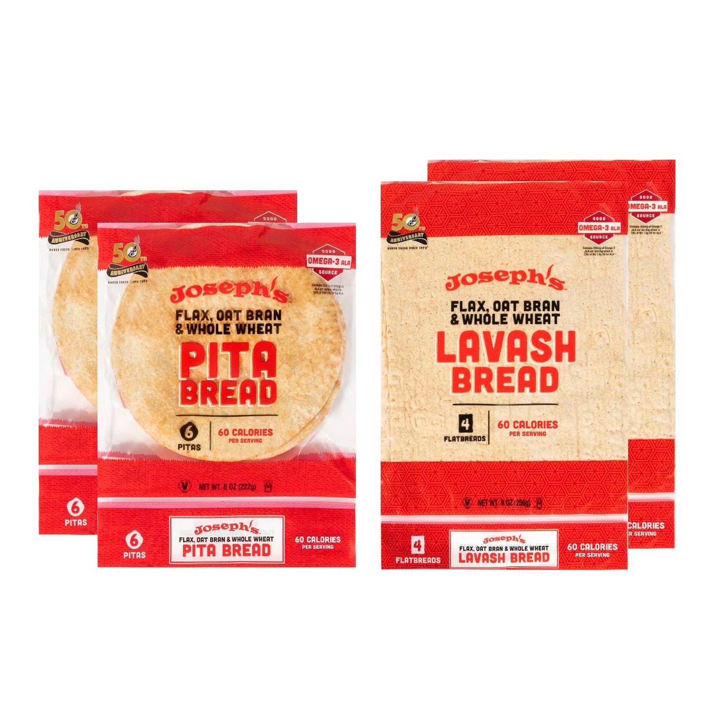 Joseph's 4-Pack Value Variety Bundle, Flax Oat Bran Whole Wheat 2 x Lavash Bread, Fresh Baked (8 Lavash Squares Total) and 2 x Pita Bread (12 Pita