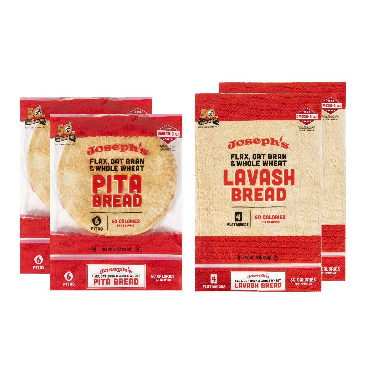 Joseph's 4-Pack Value Variety Bundle, Flax Oat Bran Whole Wheat 2 x Lavash Bread, Fresh Baked (8 Lavash Squares Total) and 2 x Pita Bread (12 Pita