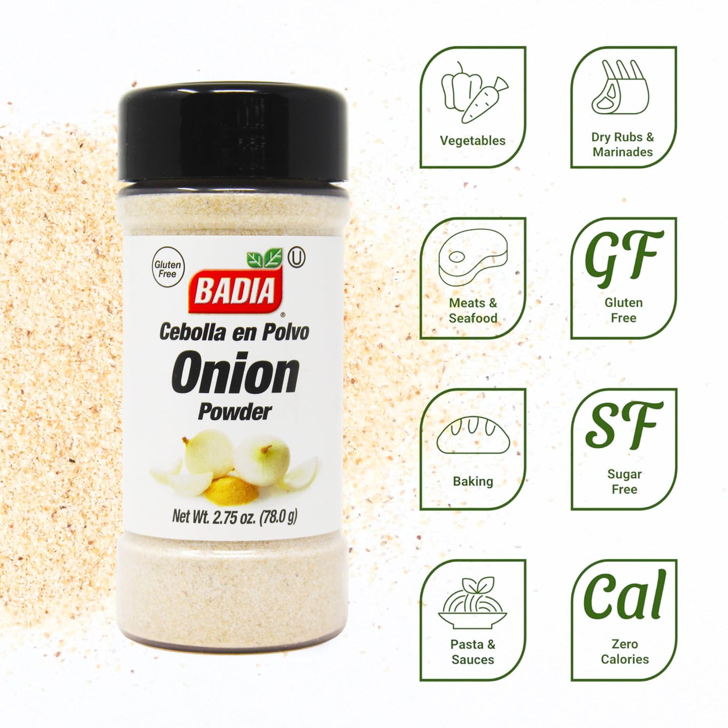 Badia Onion Powder, 2.75 oz - Pure Ground Onion Seasoning, Bold Sweet Savory Flavor, Gluten Free, No MSG, Kosher