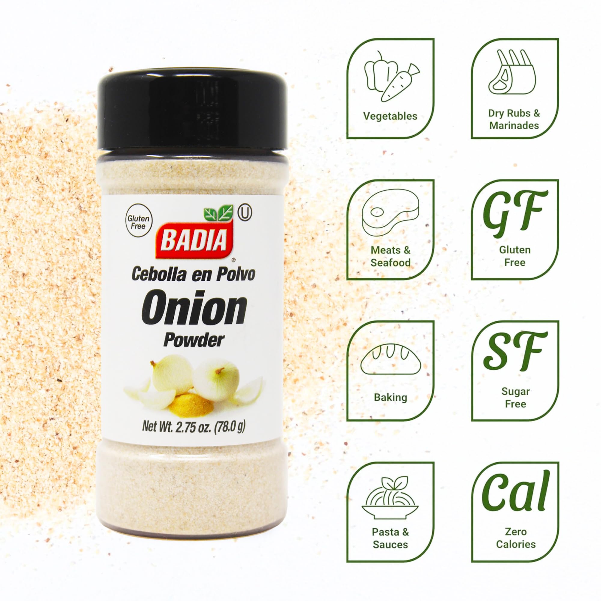 Badia Onion Powder, 2.75 oz - Pure Ground Onion Seasoning, Bold Sweet Savory Flavor, Gluten Free, No MSG, Kosher