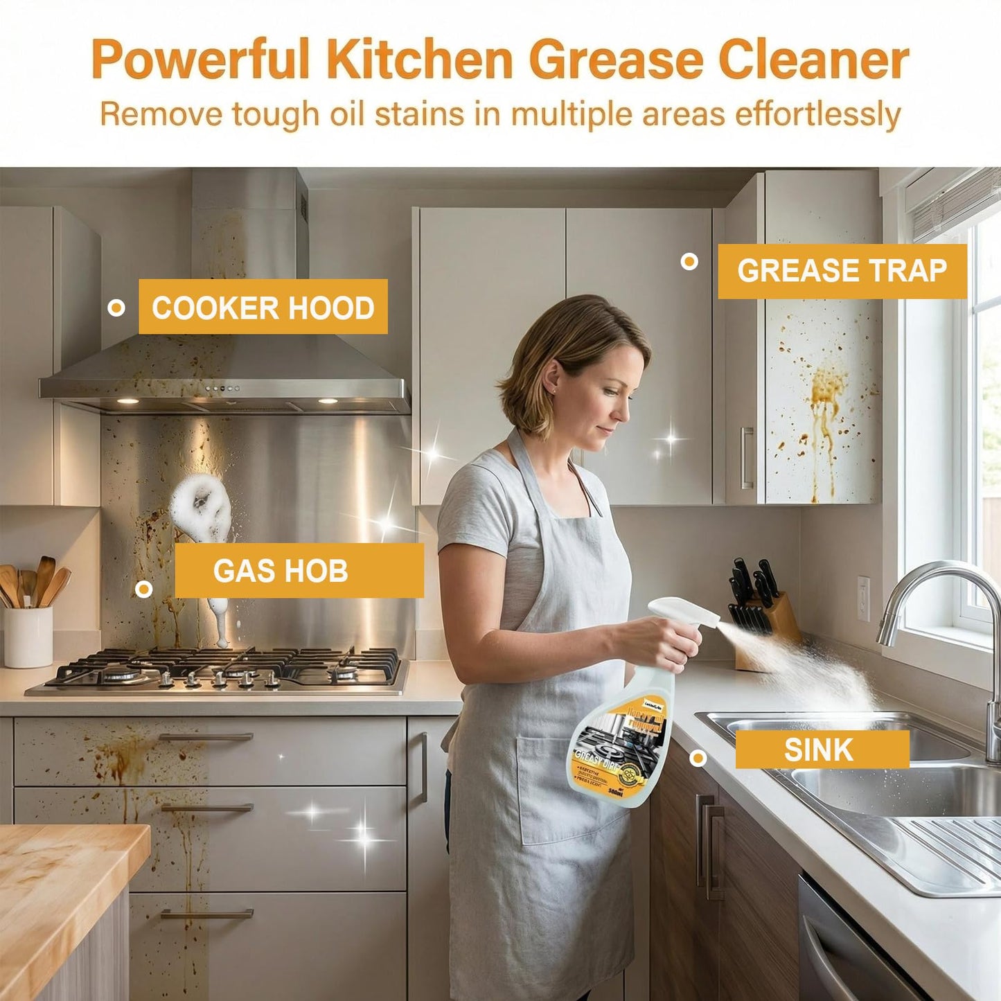 Powerful Grease-Removing Spray - 500 Ml Foam Cleaner, Suitable for Range Hoods Glass Cooktops and Oven Racks | Suitable for Stainless Steel Granite