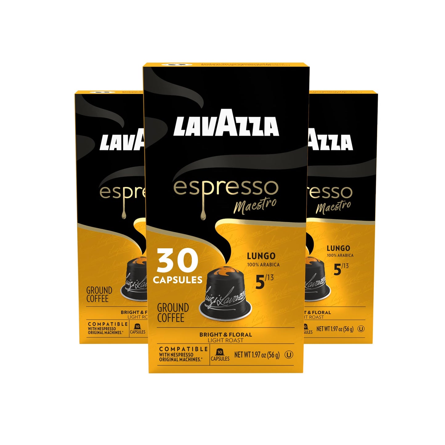 Lavazza Espresso Maestro Lungo Aluminum Capsules Compatible with Nespresso* Original Machines, Light Espresso Roast, 100% Arabica (30 Capsules)