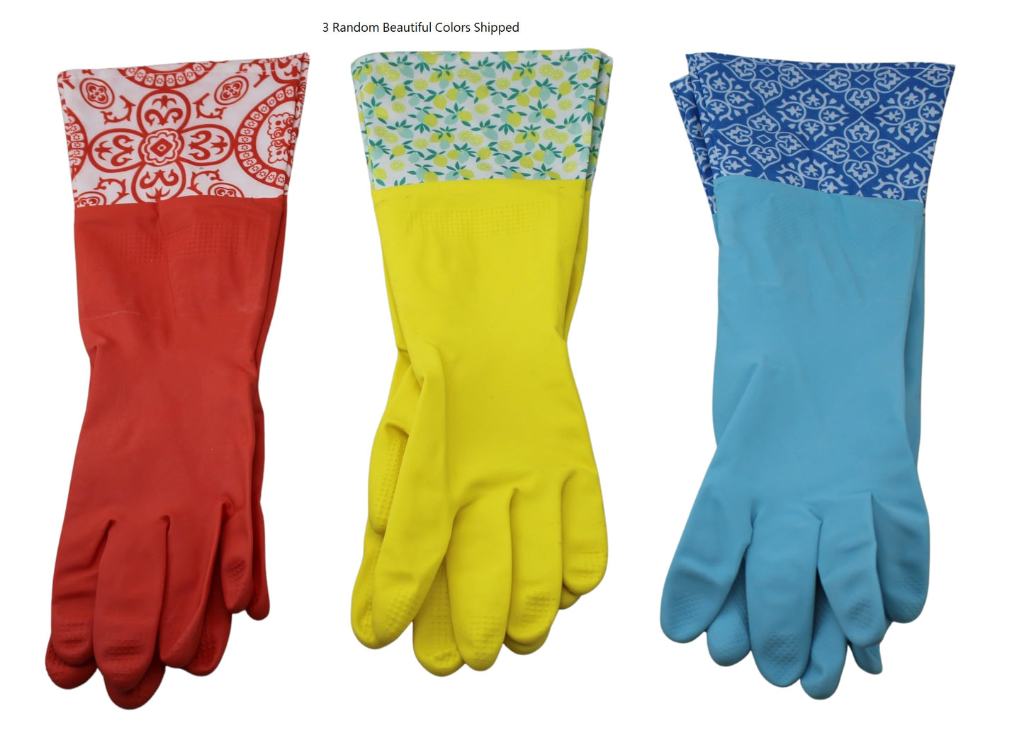 Dependable Industries inc. Essentials 3 Pair Decorative Boutique Latex Cleaning Dishwashing Gloves with Fancy Cuff Size Medium Random Designs