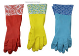 Dependable Industries inc. Essentials 3 Pair Decorative Boutique Latex Cleaning Dishwashing Gloves with Fancy Cuff Size Medium Random Designs
