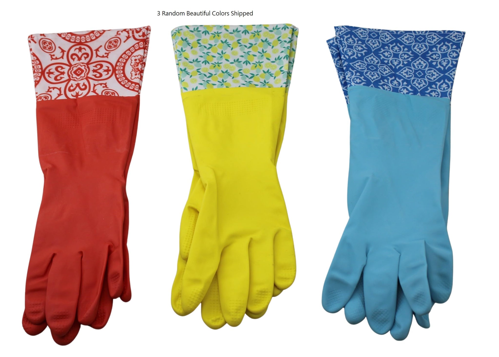 Dependable Industries inc. Essentials 3 Pair Decorative Boutique Latex Cleaning Dishwashing Gloves with Fancy Cuff Size Medium Random Designs