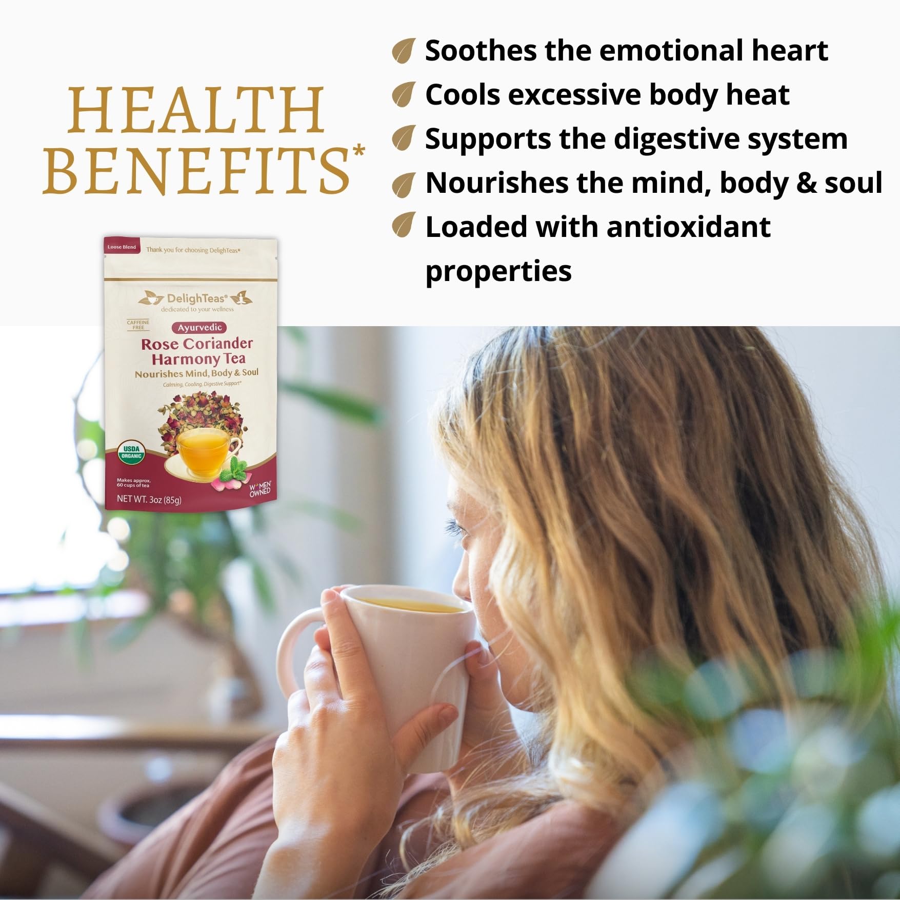 DelighTeas Organic Rose Coriander Harmony Tea | Ayurvedic Loose Leaf Herbal Tea | 60 Servings, 3oz. | Caffeine-free, Sugar-free, Non-GMO, Keto, Vegan