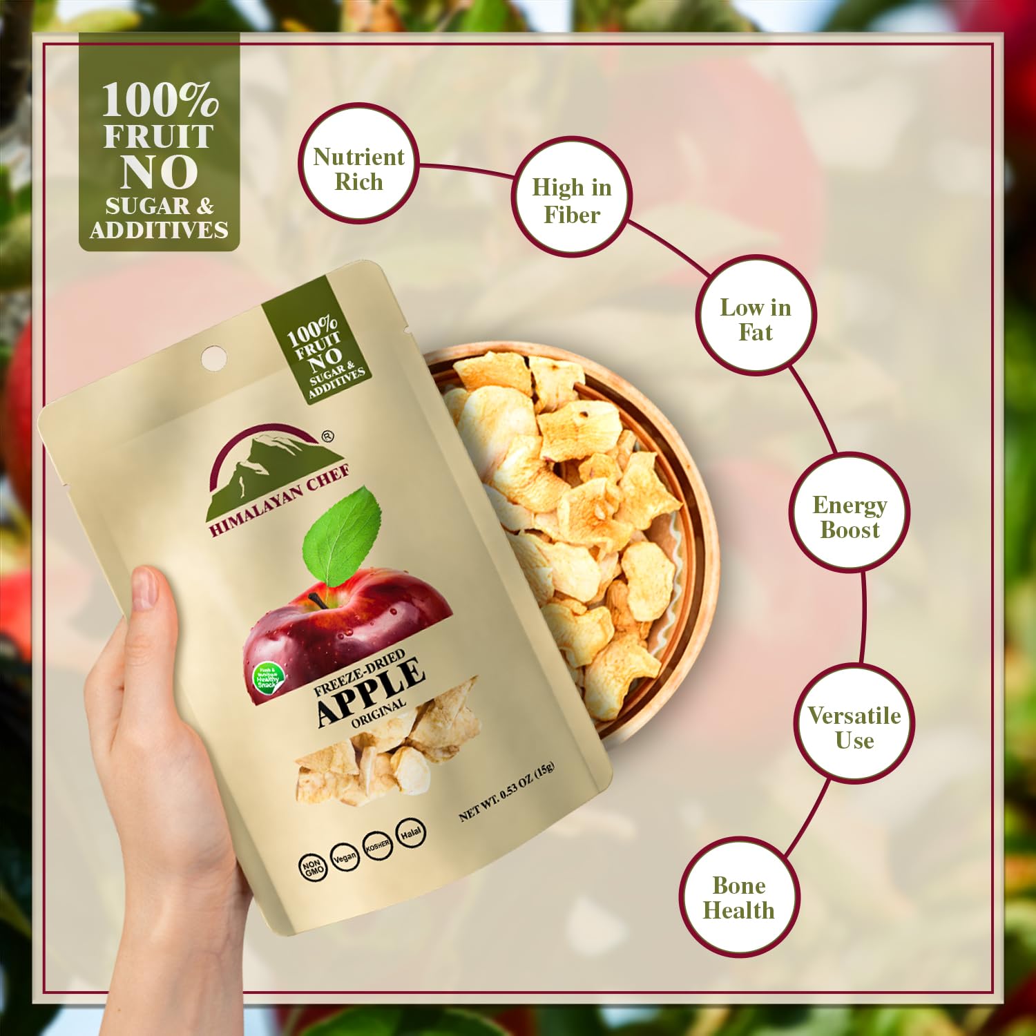 Himalayan Chef Freeze-Dried Fruit - 15g Freeze-Dried Apple, Healthy Organic Fruits Snacks for Kids & Adults | Baby Snacks, Gluten-Free Drieds Fruit