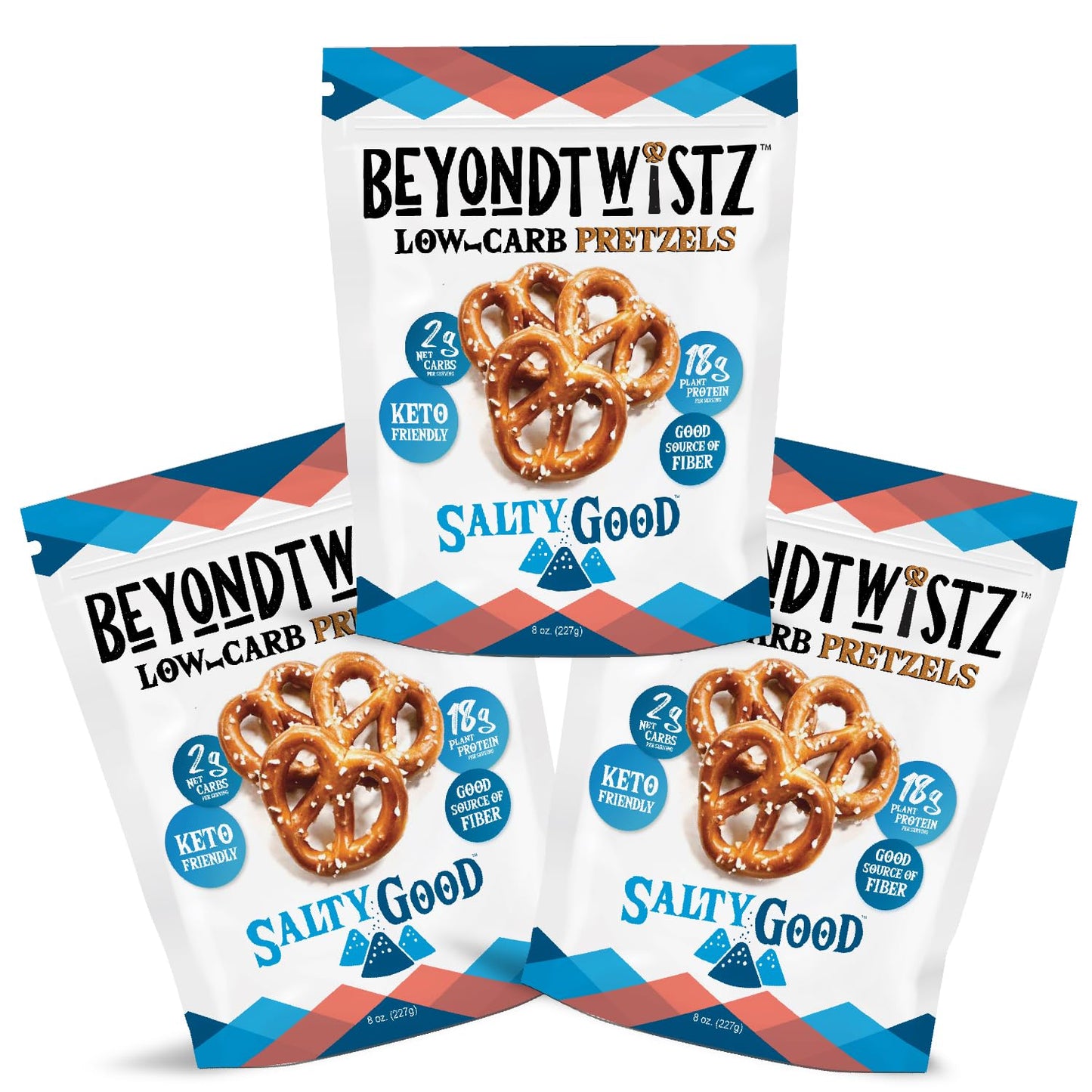 BeyondTwistz Low Carb Pretzels, Salty Good, Keto Friendly, 2g Net Carbs, 18g Protein, Powered By HealthSense® High Fiber Wheat Flour, Family Size 8oz