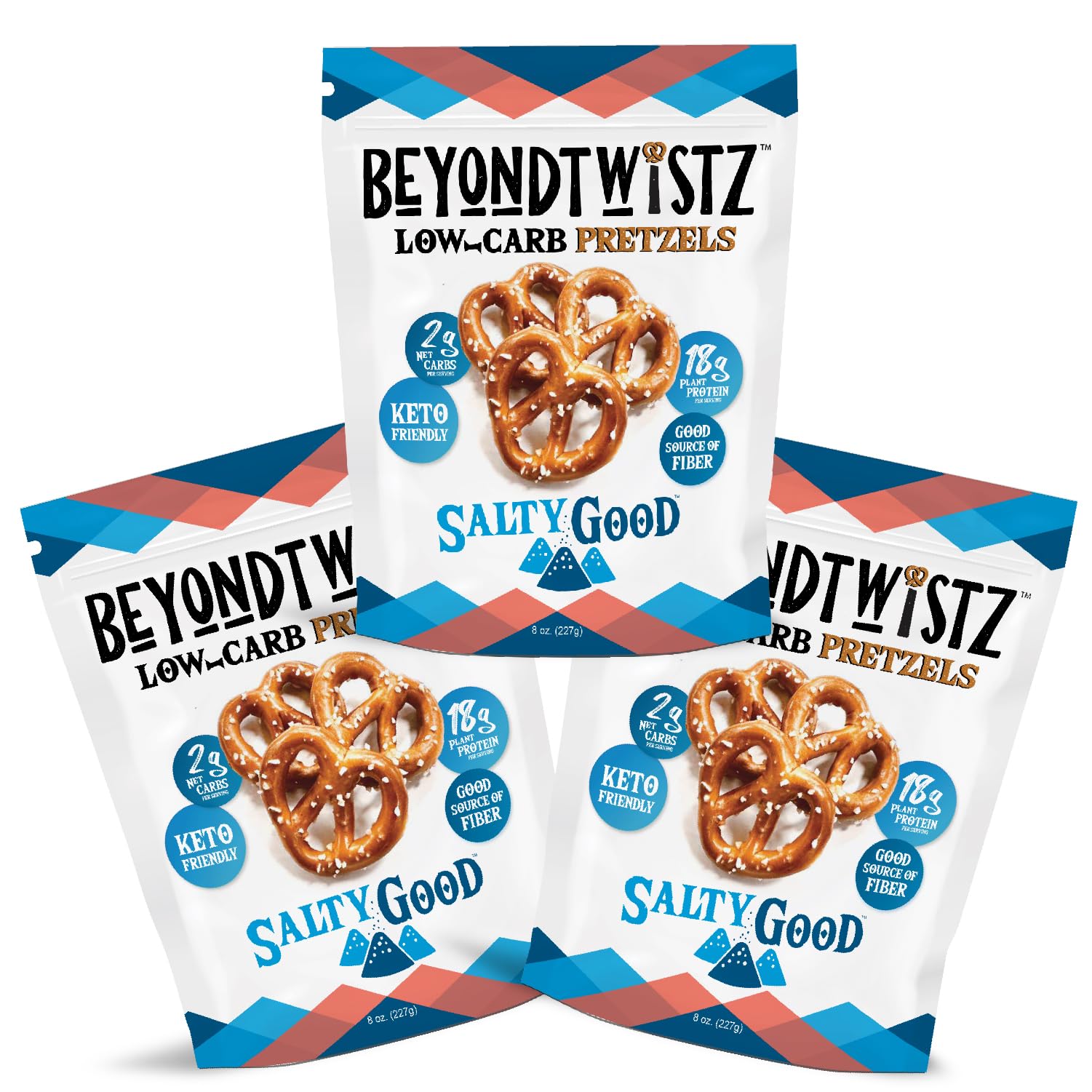 BeyondTwistz Low Carb Pretzels, Salty Good, Keto Friendly, 2g Net Carbs, 18g Protein, Powered By HealthSense® High Fiber Wheat Flour, Family Size 8oz