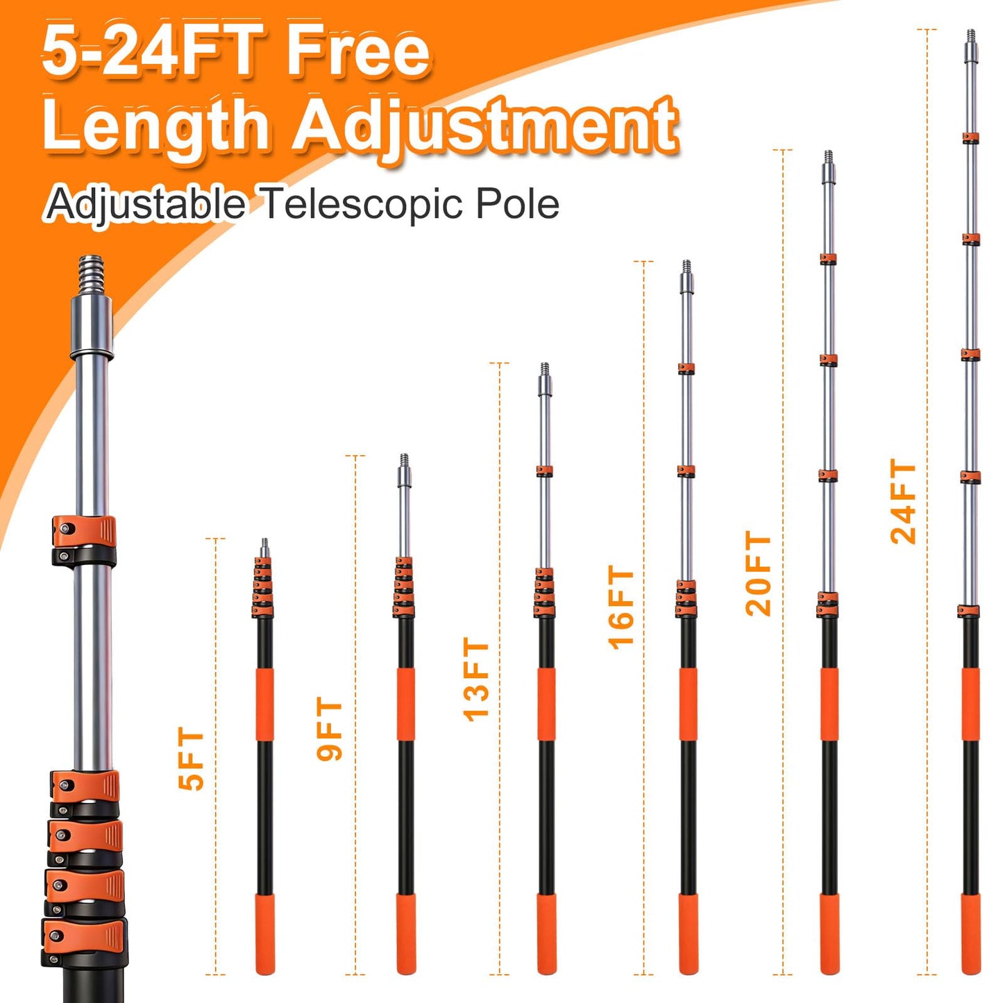 30FT High Window Cleaning Kit, 5-24 FT Telescoping Extension Pole with Dual Action Flip-Lock & Screw Fixing Design, 2-in-1 Window Squeegee