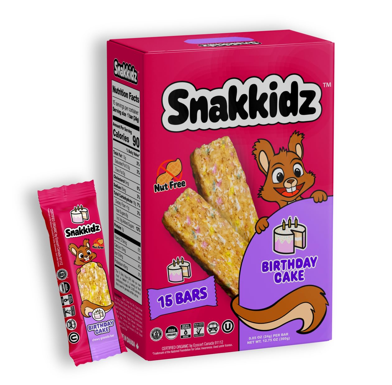 Snakkidz Organic Birthday Cake Chewy Granola Bars, 45 Count, Gluten Free Granola Bar, Nut and Allergen Free, Low Sugar, Made with Avocado Oil