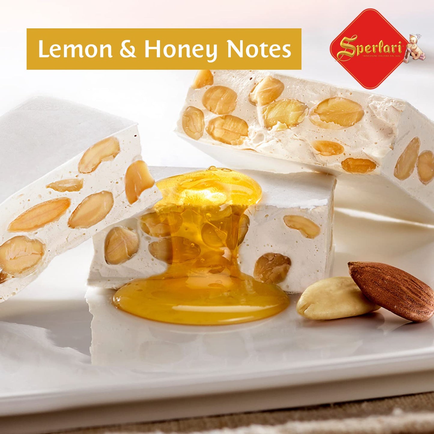 Sperlari Torrone Traditional Italian Candy - Gourmet Hard Nougat With Honey, Citrus & Crunchy Sliced Almonds - Holiday Italian Nougat Sweet Treat