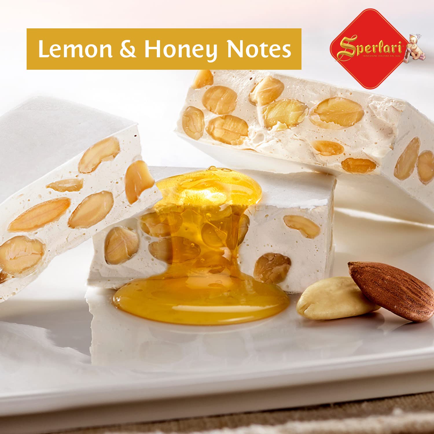 Sperlari Torrone Traditional Italian Candy - Gourmet Hard Nougat With Honey, Citrus & Crunchy Sliced Almonds - Holiday Italian Nougat Sweet Treat