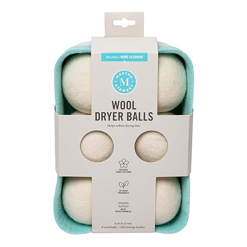 Martha Stewart Wool Dryer Balls - 6-Pack, Natural Fabric Softener with Storage Basket, Reduces Drying Time & Static, Reusable & Eco-Friendly Laundry