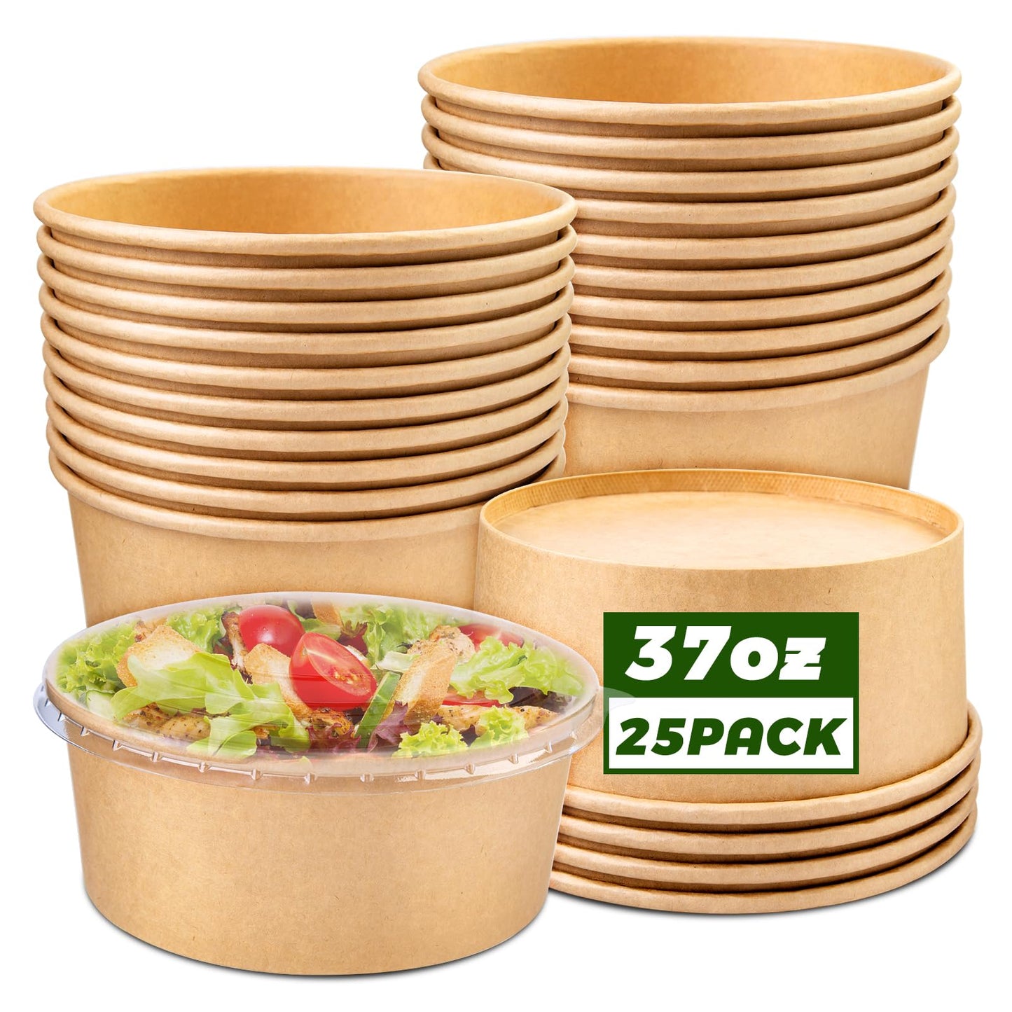 Fniiva 37 oz 25 Pack Disposable Bowls with Lids, Disposable Food Containers with Lids, Paper Bowls, Disposable Salad Bowls for Diet Salad, Ice Cream