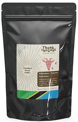 Thank the Goat Made to Order Gourmet Ground Coffee, Freshly Roasted, Dark Roast From Kilimanjaro, Tanzania, 12 oz.