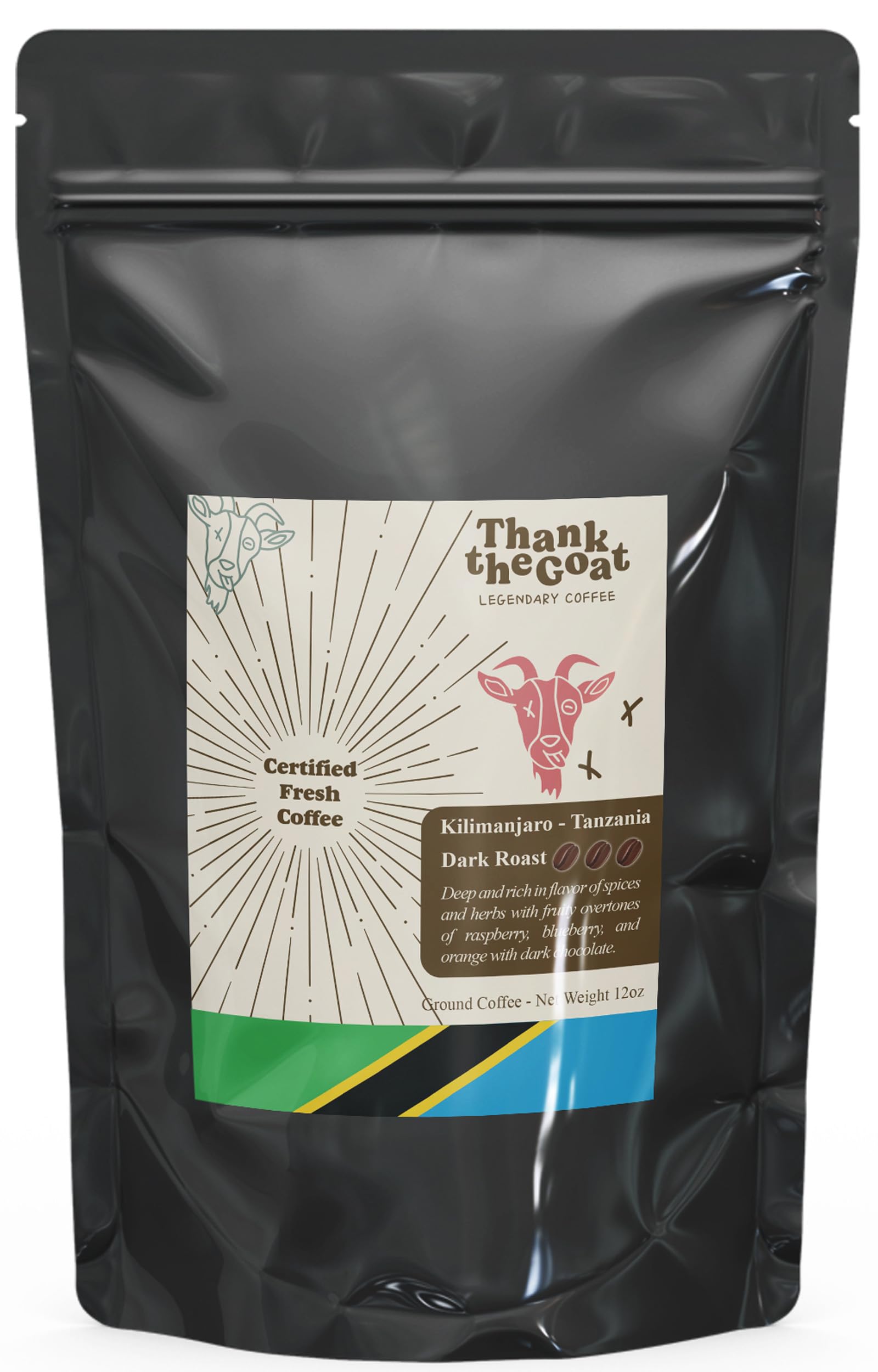 Thank the Goat Made to Order Gourmet Ground Coffee, Freshly Roasted, Dark Roast From Kilimanjaro, Tanzania, 12 oz.
