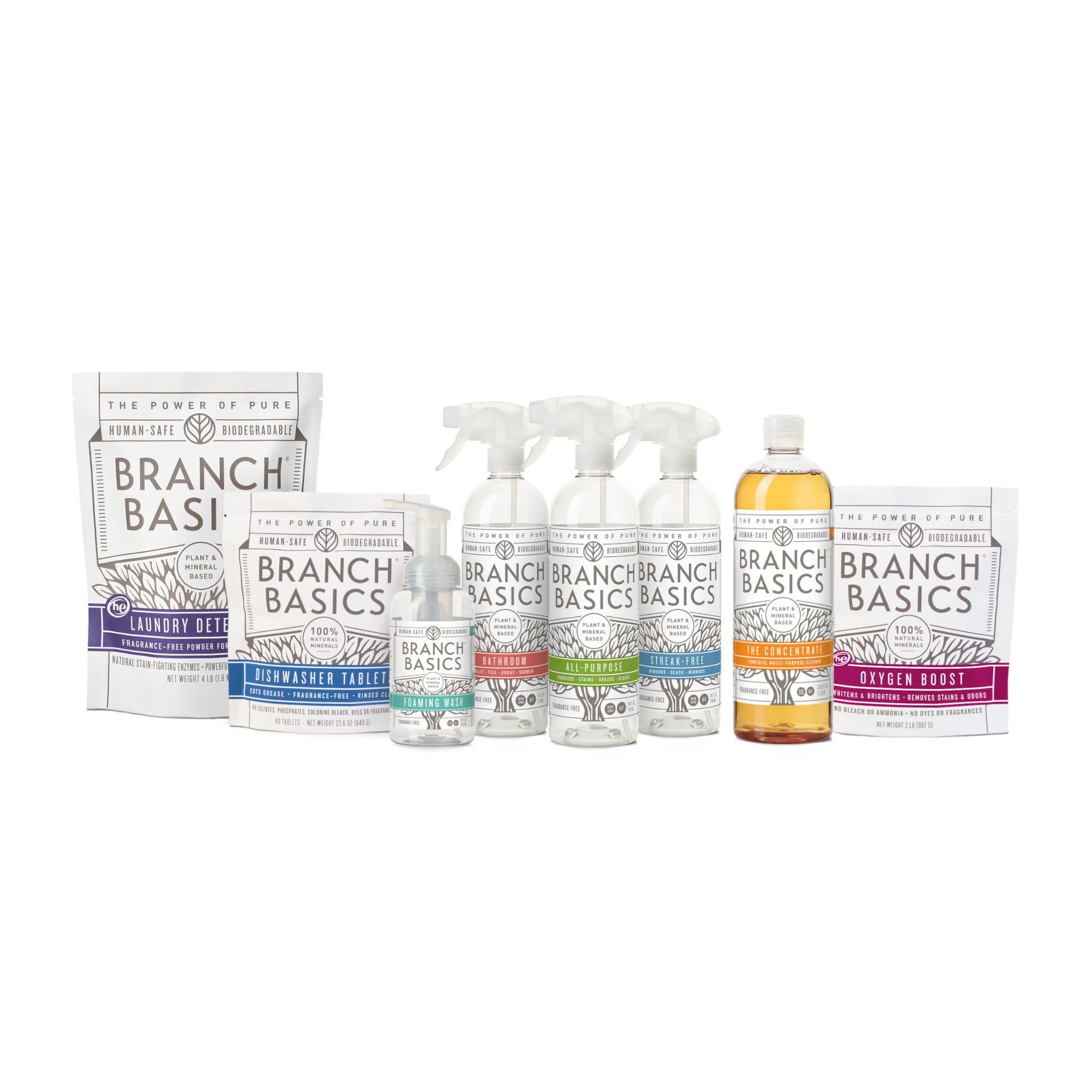 Branch Basics Ultimate Starter Kit: Natural All Purpose Cleaner, Glass, Bathroom, Foaming Hand Wash (4 Plastic Bottles + Concentrate + Oxygen Boost)