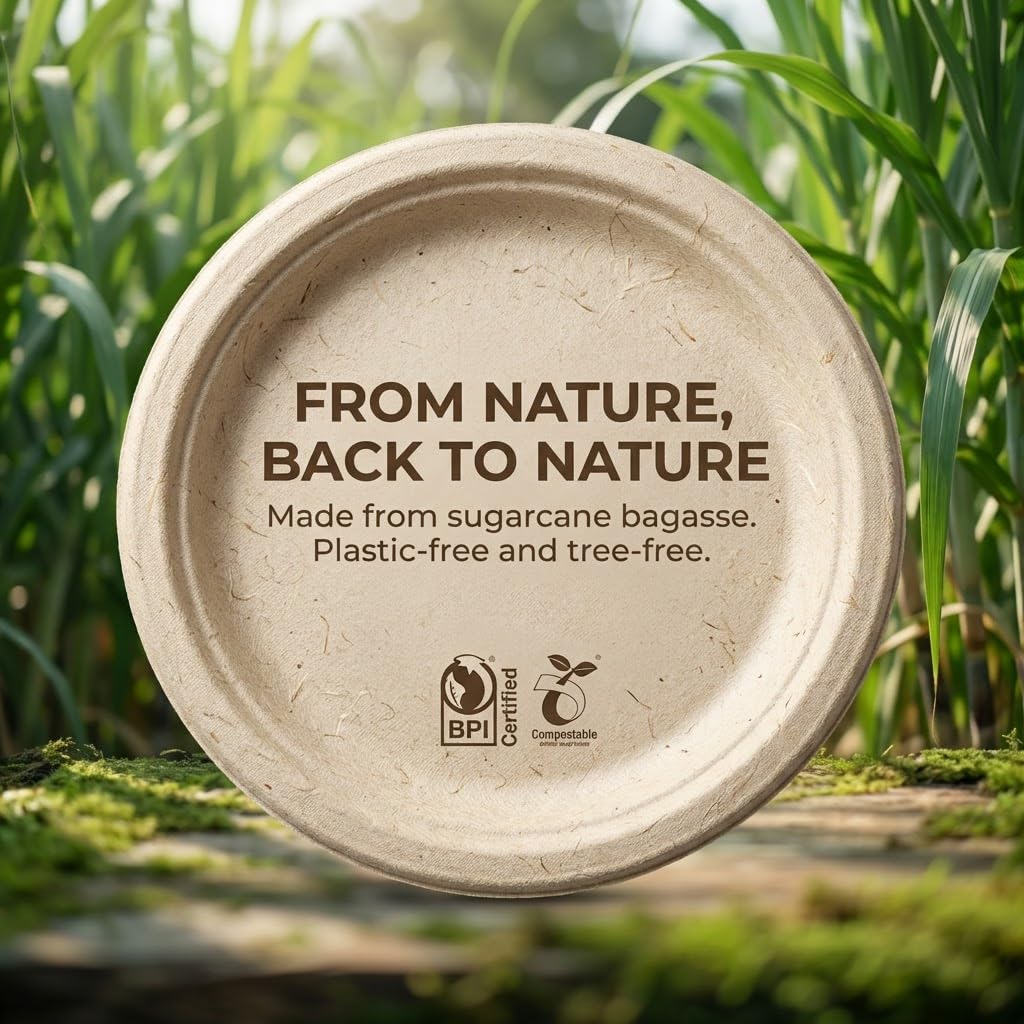CHONNFEASTT® 50PCS Compostable Paper Plates: 10" / 8" Heavy Duty Disposable Plates for Dinner Dessert - Brown Sugarcane Bagasse Biodegradable & Eco