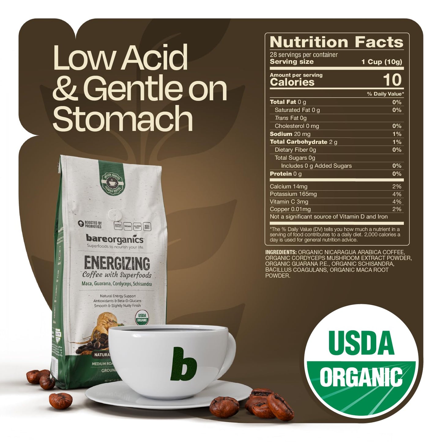 Energizing Artisan Ground Coffee with Superfoods, Medium Roast, Non-GMO & Gluten-free, Maca, Guarana, Cordyceps & Schisandra - 10 oz