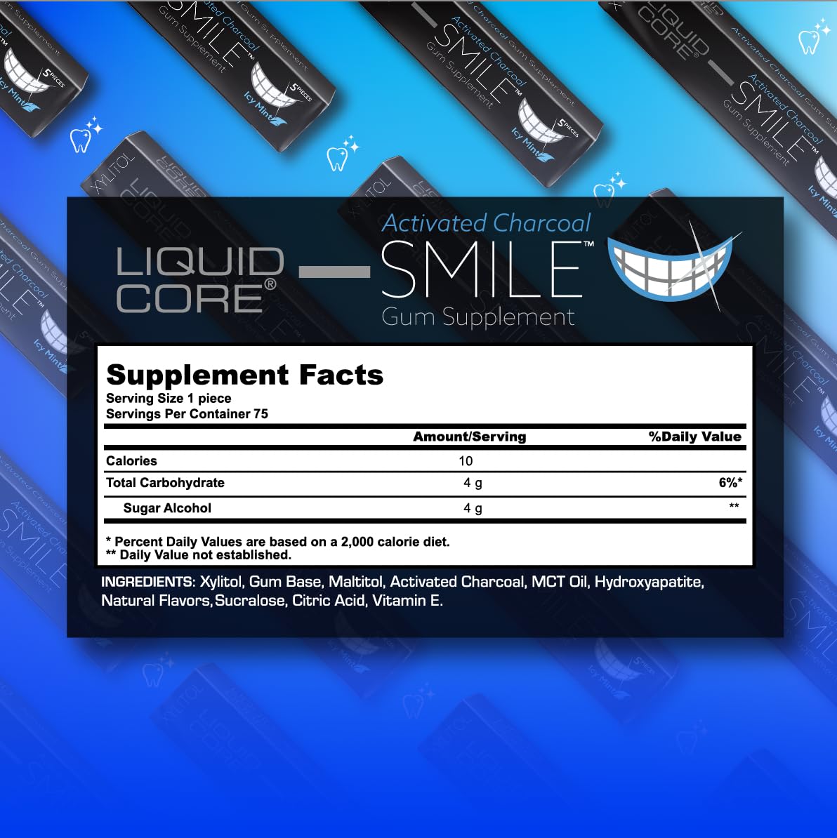 Liquid Core Smile Activated Charcoal Gum with MCT Oil, Hydroxyapatite, and Xylitol - Teeth Cleaning Gum, Icy Mint Sugar-Free Gum (15 Pack)
