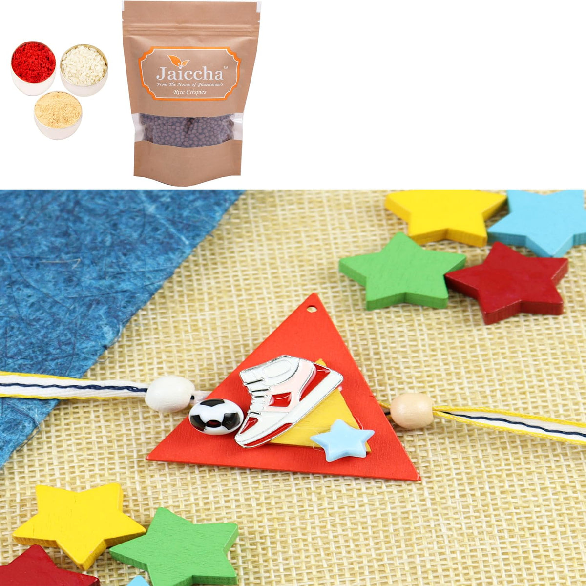 Ghasitaram Gifts Rakhis Gifts for Brothers Rakhis Online KR25-120-Sneaker With Football Kids Rakhi with Chocolate Coated Rice Crispies 200 gms