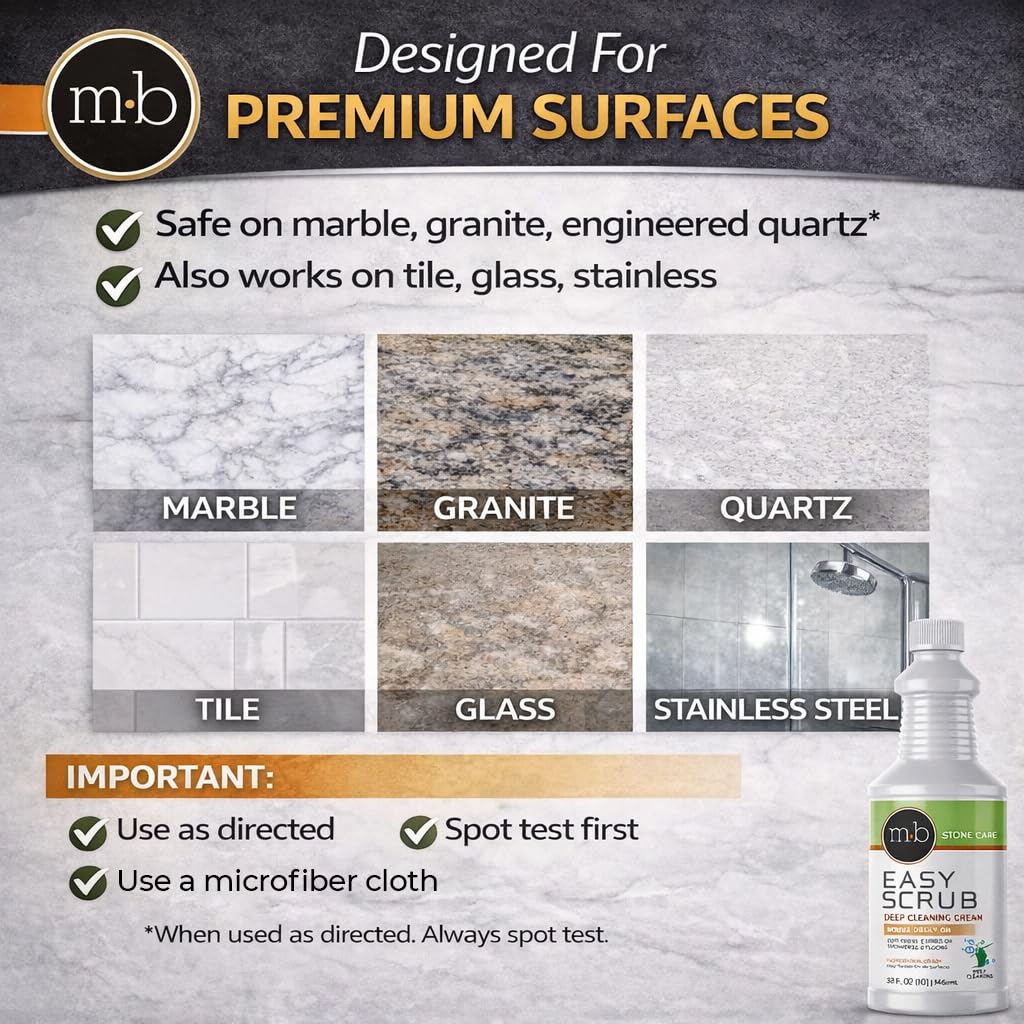 MB Stone Granite, Quartz Marble, Stone Countertop Cleaner for Countertops Showers Floors, Removes Water Spots, Soap, Film, Grease, Easy Scrub Deep