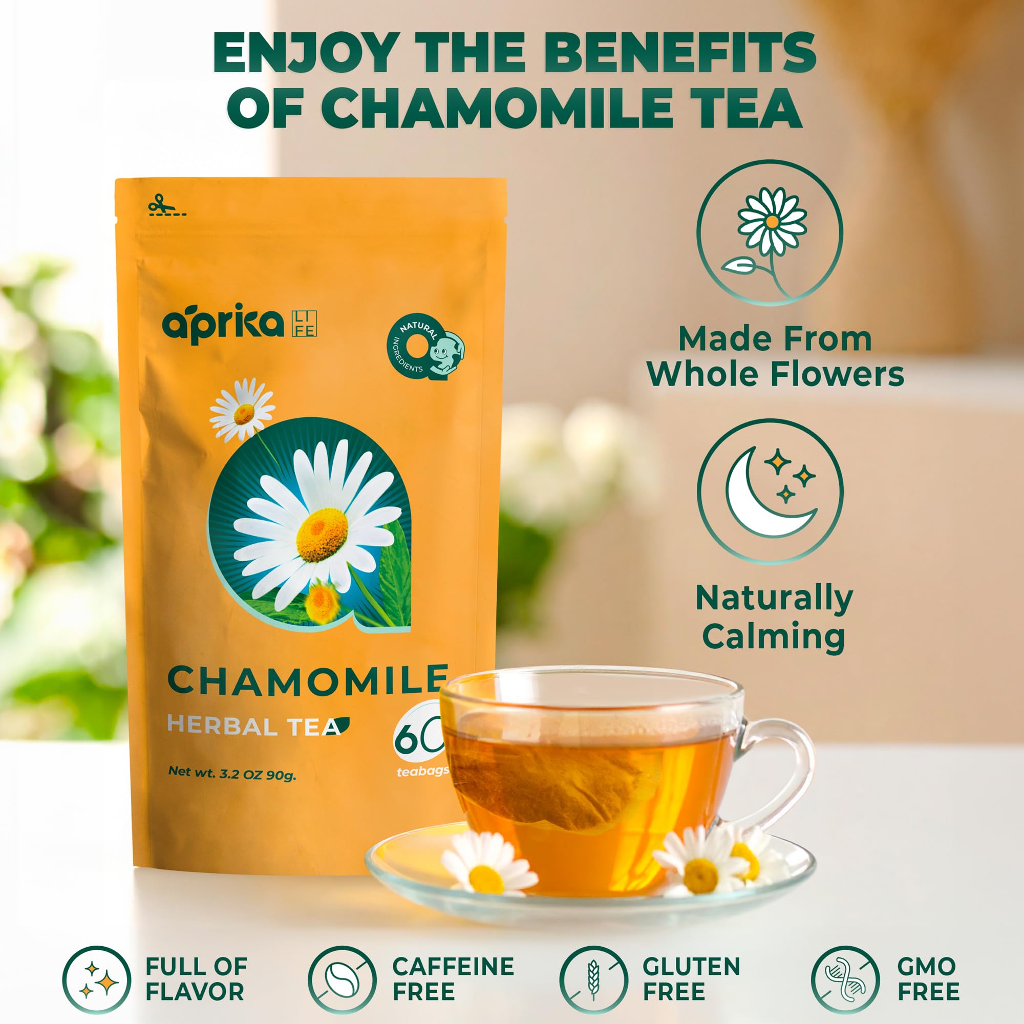 100% Pure Chamomile Tea - Only Flowers without Stems, Chamomile Tea Bags Caffeine Free, 60 count, Calming Tea Te De Manzanilla by Aprika Life