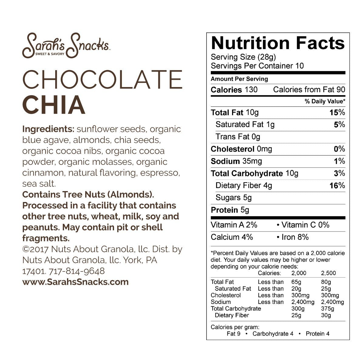 Sarah's Snacks Chocolate Chia Grain Free Granola | Paleo | Low Carb | No Refined Sugar | Gluten Free | Vegan | Dietitian Formulated | 10 oz Bag (Pack