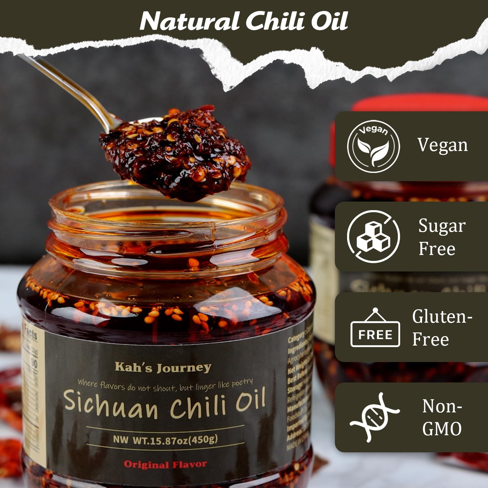 Kah's Journey Original Szechuan Chili Oil - 15.87oz (450g) Spicy Chili Crisp with Crunchy Garlic, Vegan, Sugar Free Hot Sauce, Great for Noodles