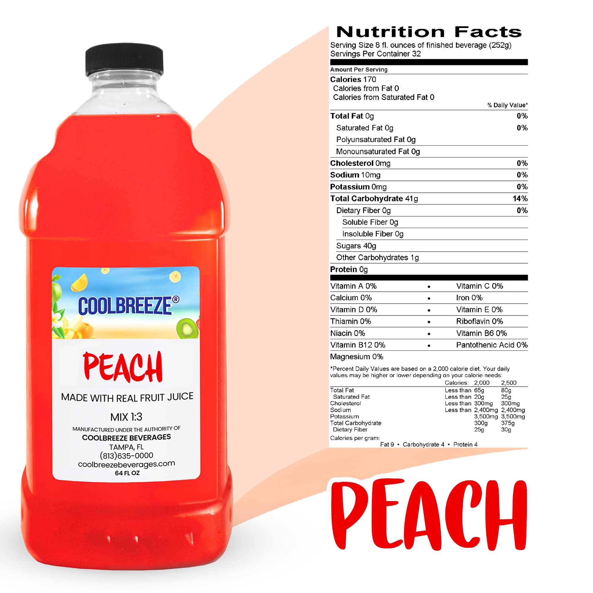 Coolbreeze Peach Frozen Drink Machine Mix - Ready to Use Slush Flavor Syrup - 1/2 Gallon Bottle
