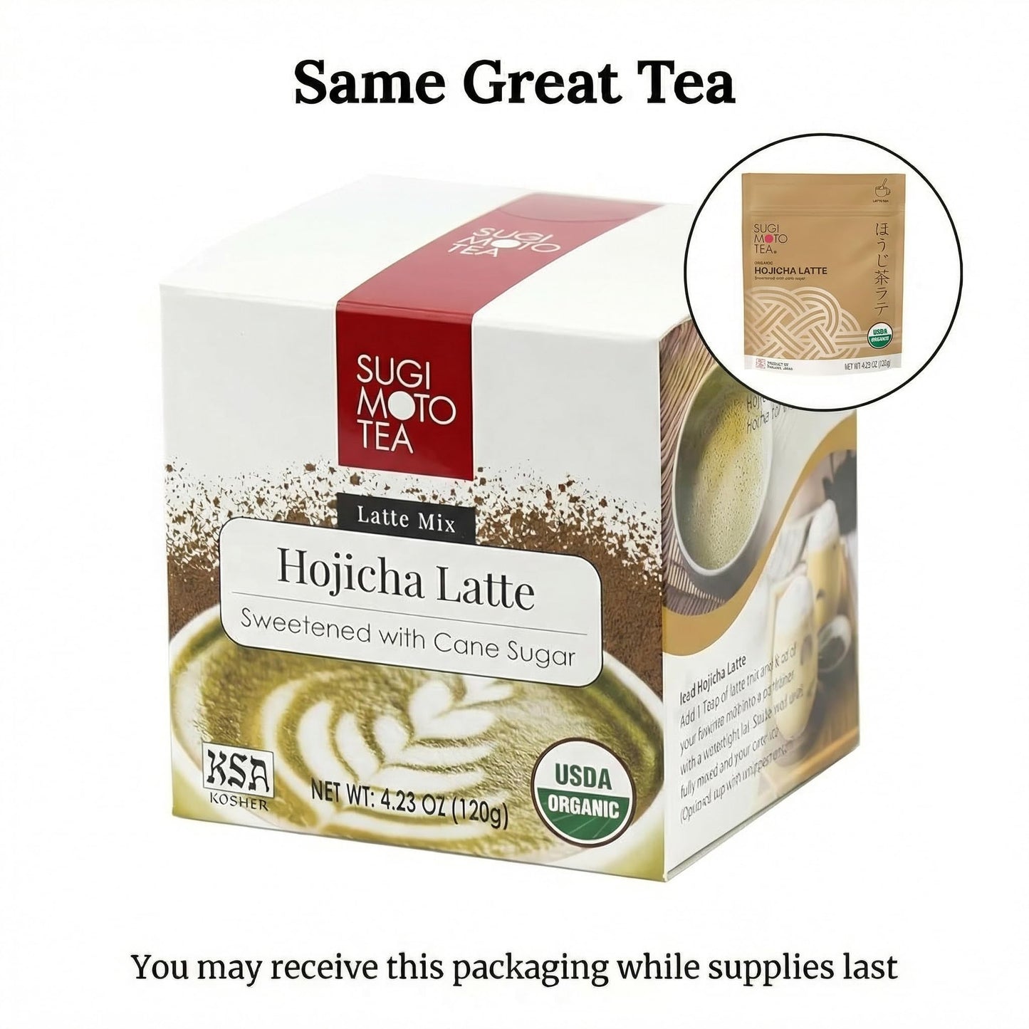 SUGIMOTO TEA Japanese Organic Hojicha Latte Blend Mix 4.23 oz (120 g) Sweetened Green Tea Hojicha Latte Powder