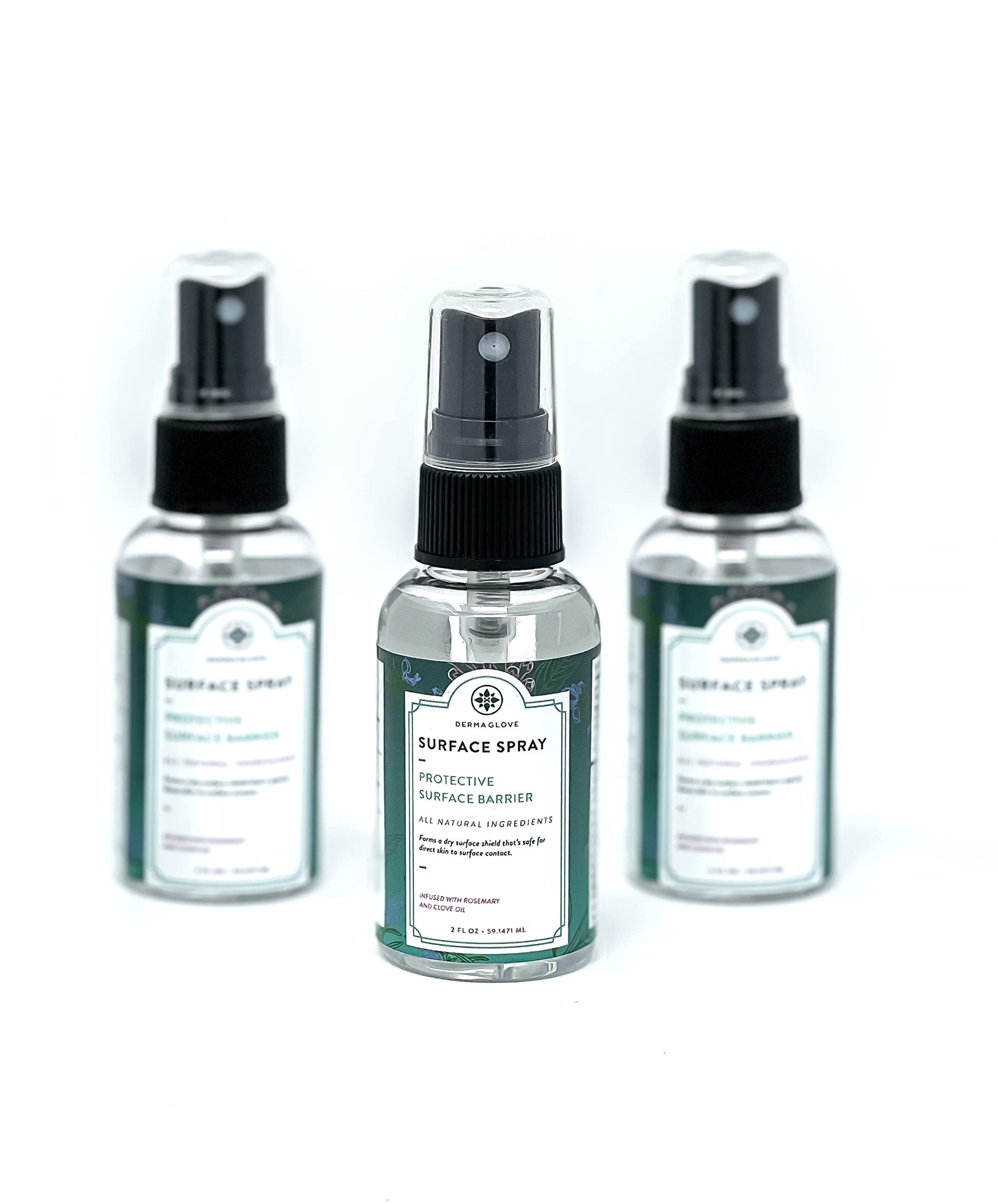 DERMAGLOVE SURFACE SPRAY 3 PACK KIT, 3 Mini 2 FL OZ spray bottles, Organics meets science spray purifies unsafe surfaces in seconds, public toilets