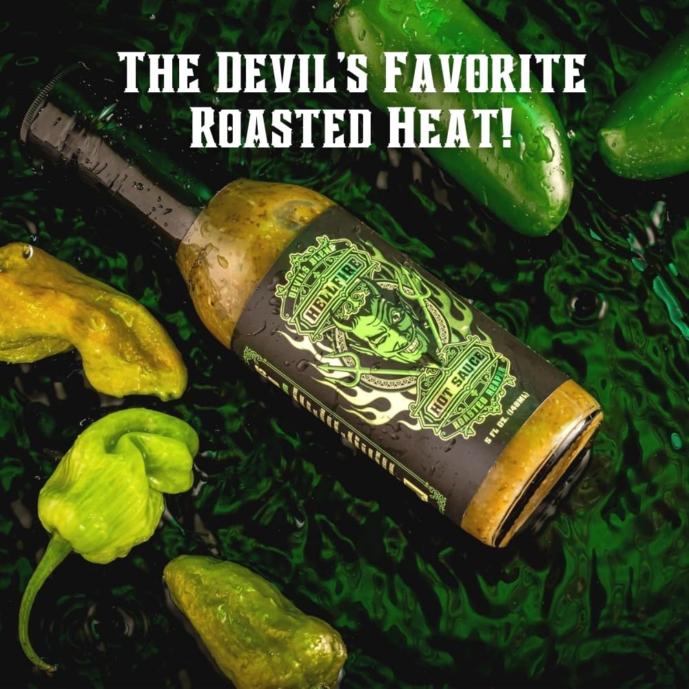 Hellfire Hot Sauce Devil’s Blend - Fire-Roasted Carolina Reaper Salsa Verde Gourmet Hot Sauce, Featured on Hot Ones TV Show, 5 oz.