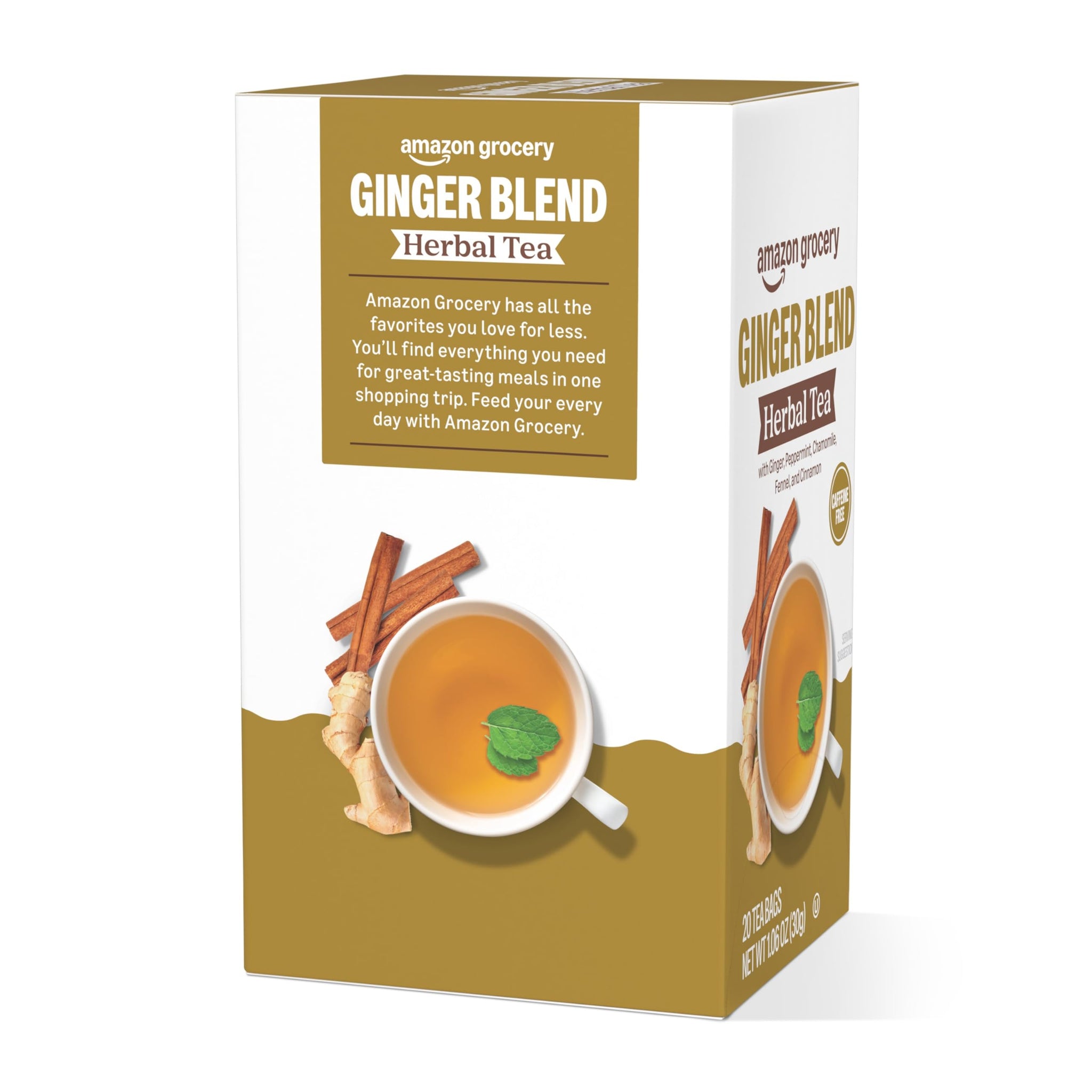 Amazon Grocery, Ginger Blend Herbal Tea Bags, Caffeine Free, 20 Ct