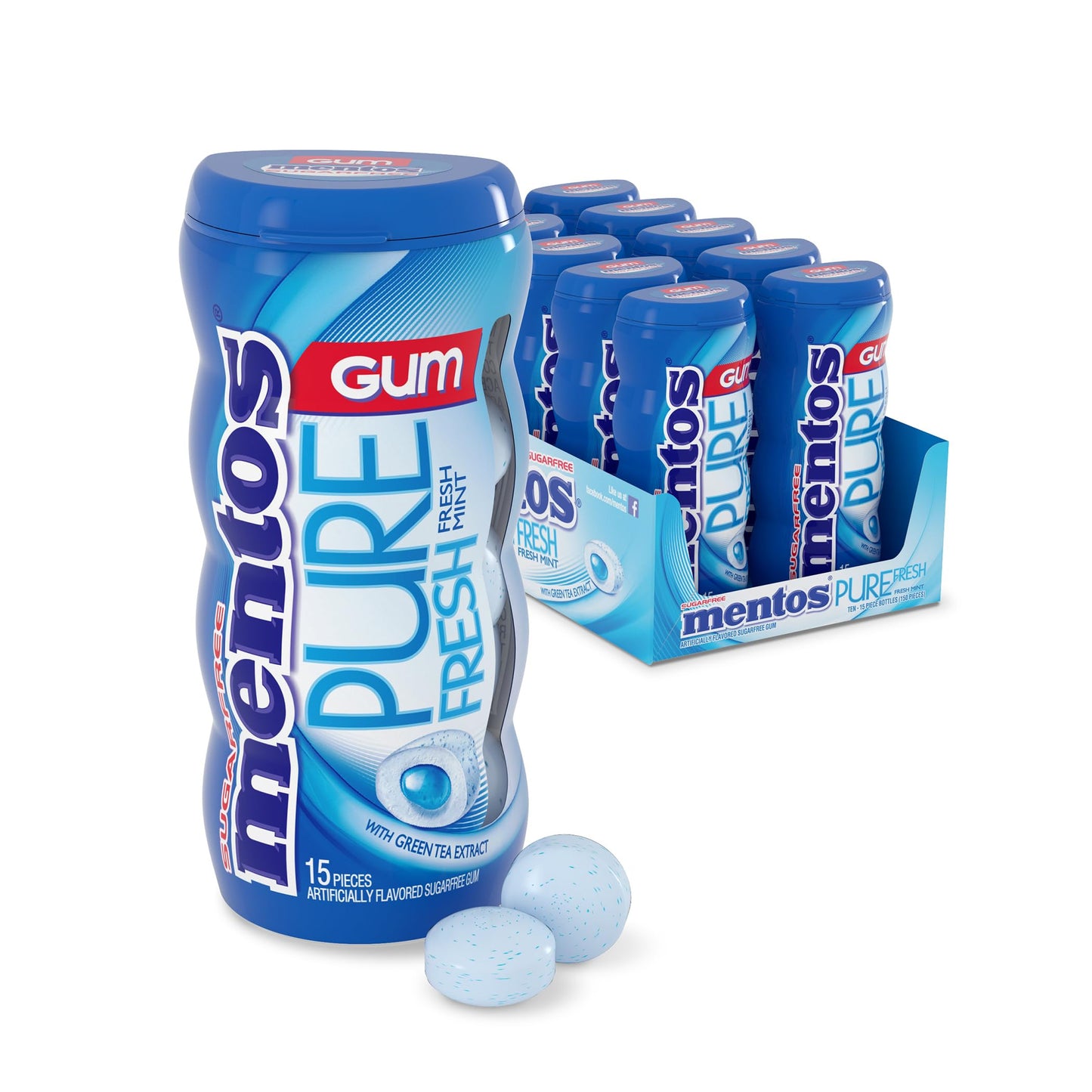 Mentos Pure Fresh Sugar-Free Chewing Gum with Xylitol, Fresh Mint, 15 Piece Bottle (Bulk Pack of 10)