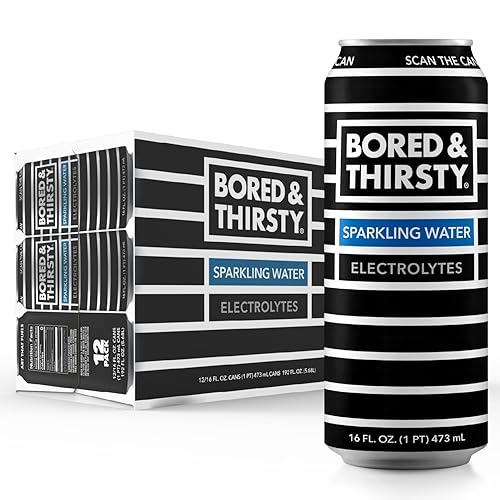 BORED & THIRSTY Sparkling Water with Electrolytes,16 FL OZ - 100% Recyclable Aluminum Cans 12 Pack, Crisp Bubbles with a Smooth Finish, A Great Mixer