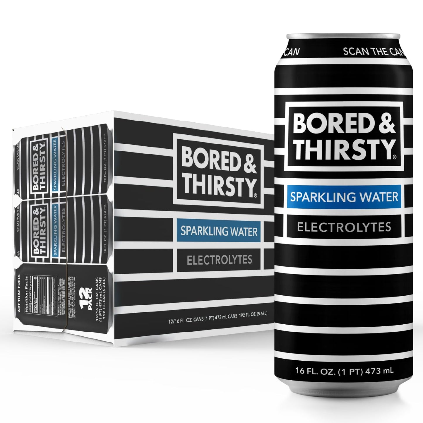BORED & THIRSTY Sparkling Water with Electrolytes,16 FL OZ - 100% Recyclable Aluminum Cans 12 Pack, Crisp Bubbles with a Smooth Finish, A Great Mixer