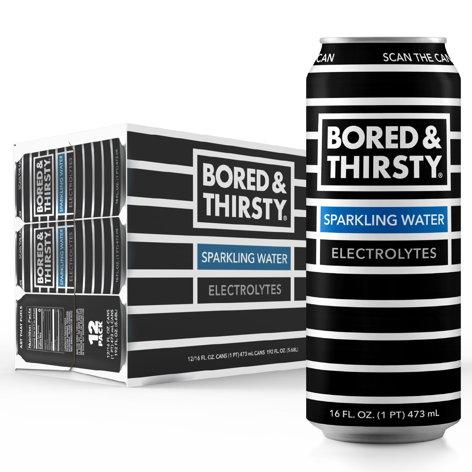 BORED & THIRSTY Sparkling Water with Electrolytes,16 FL OZ - 100% Recyclable Aluminum Cans 12 Pack, Crisp Bubbles with a Smooth Finish, A Great Mixer