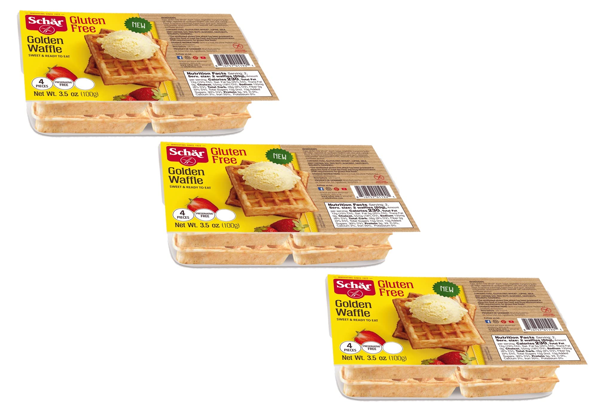 Schar Gluten Free Golden Waffles 4-Pack | 3 Count (12 Waffles Total)