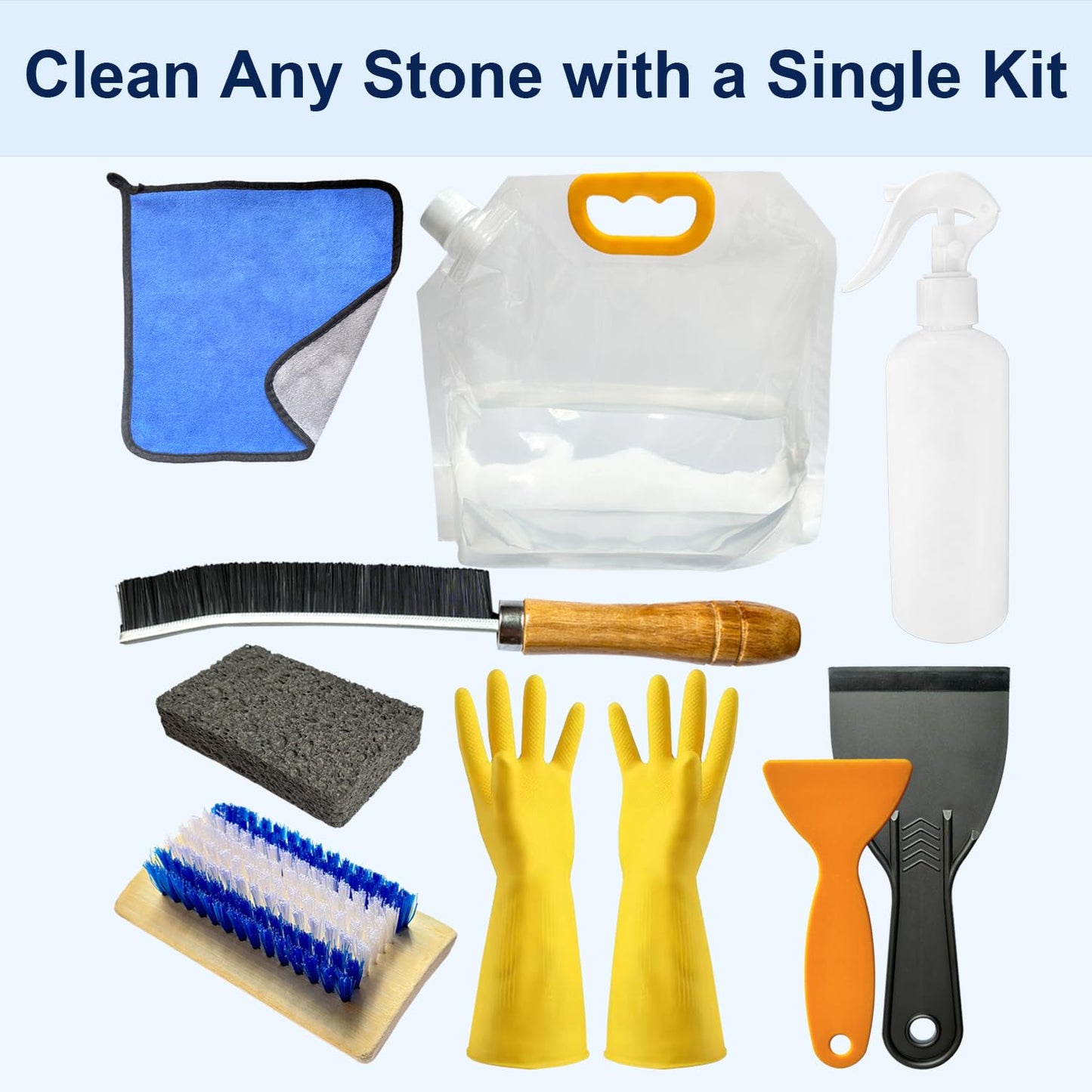 10 Pcs Reusable Tombstone Cleaner Kit for Grave Cleaning Includes Oversize 1.3 Gal Water Bag, Scraper, Brushes, Sponge, Towel, Gloves - Professional