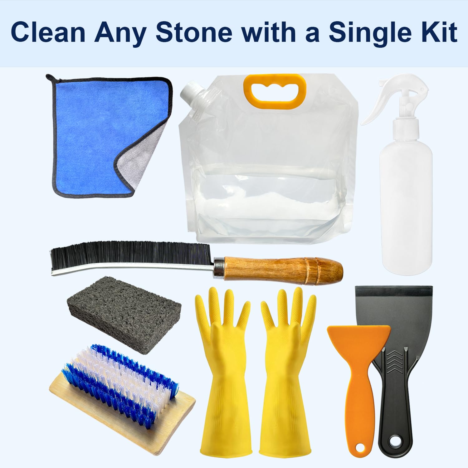 10 Pcs Reusable Tombstone Cleaner Kit for Grave Cleaning Includes Oversize 1.3 Gal Water Bag, Scraper, Brushes, Sponge, Towel, Gloves - Professional