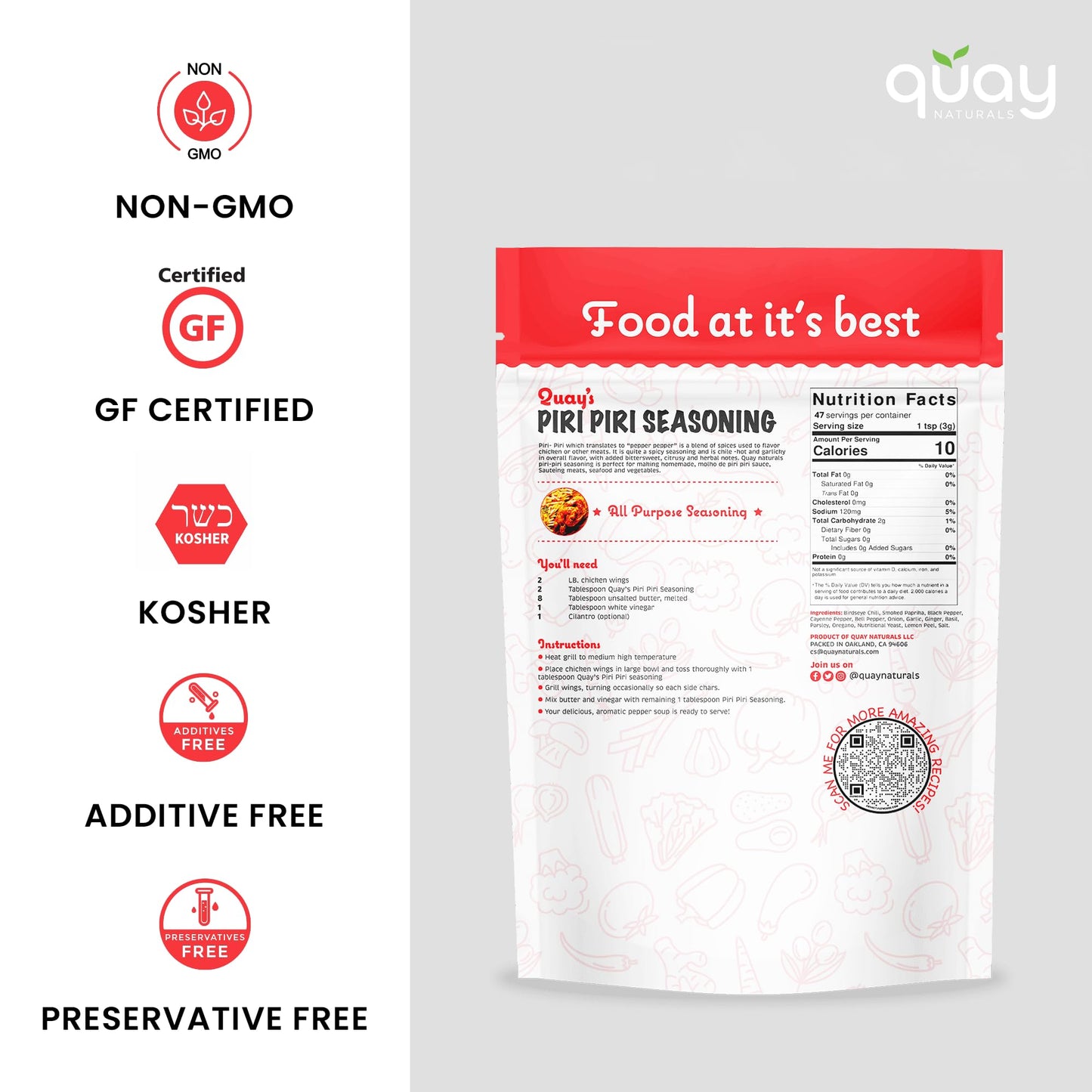 Quay Naturals Piri Piri Seasoning Mix, 5 oz - Original Flavor - Perfect for Chicken, Seafood & Fries - Multi Purpose Peri Peri Spice Rub & Blend - No