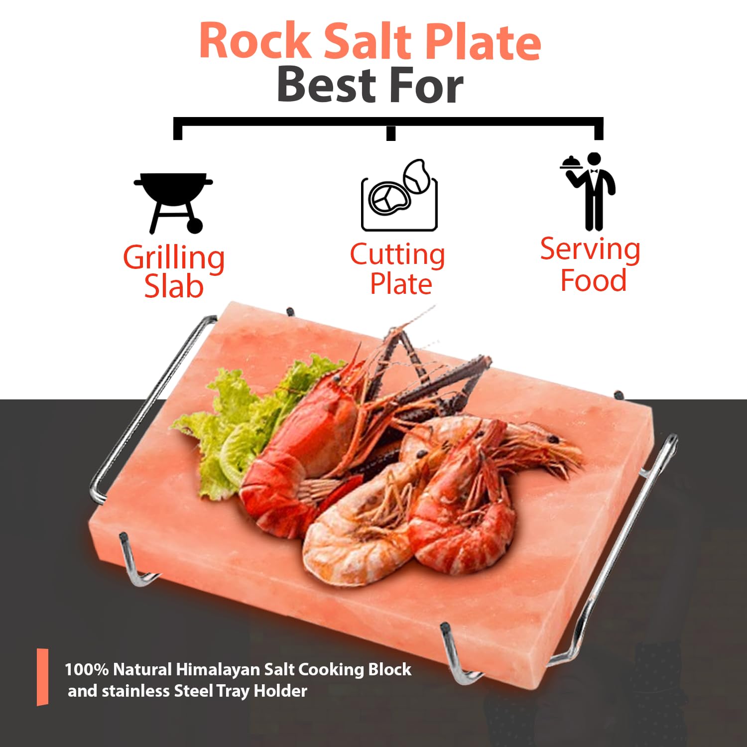 ZK Himalayan Salt Cooking Block 12x8x1.5” with Steel Tray, Food Grade Rock Salt Plate for Grilling, Cutting and Serving, Salt Slab a Unique Gift