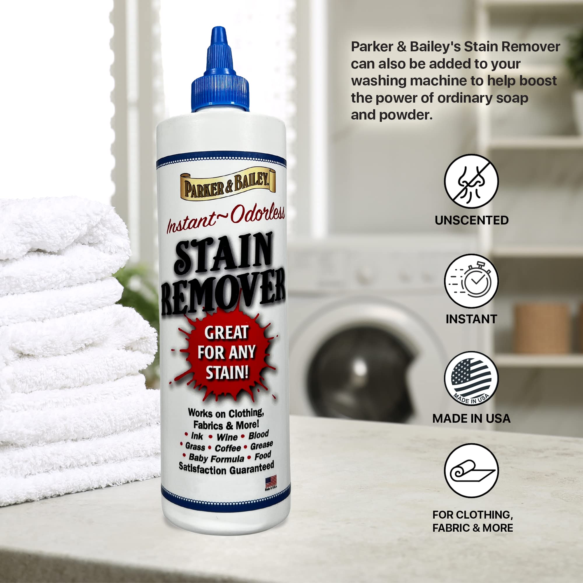Parker & Bailey Liquid Stain Remover - Instant Stain Removal on Laundry Clothing Fabric Ink Grease Blood Grass Coffee Wine Food Carpet Upholstery Spot