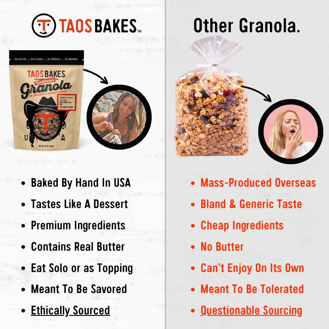Taos Bakes -Dark Chocolate & Toasted Coconut Granola - Crunchy Granola Breakfast Snack - Gluten Free, No GMOS, No Fillers - 10 oz (Pack of 3)