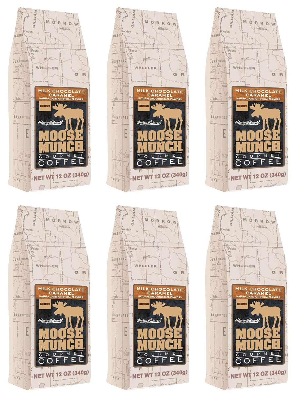Moose Munch Gourmet Coffee by Harry & David, Milk Chocolate Caramel Flavored Ground Coffee - 12 Ounce Bag (Case of 6)