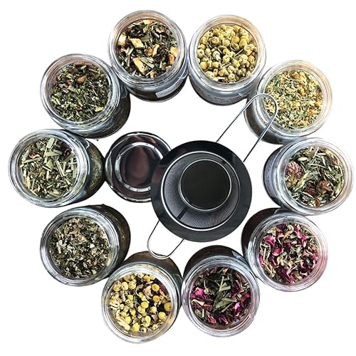 Smoke Camp Crafts Loose Leaf Herbal Tea Gift Set with Stainless Steel Infuser, 10 Unique Flavors, Handcrafted, USDA Organic, Tisane Tea Sampler, Pack